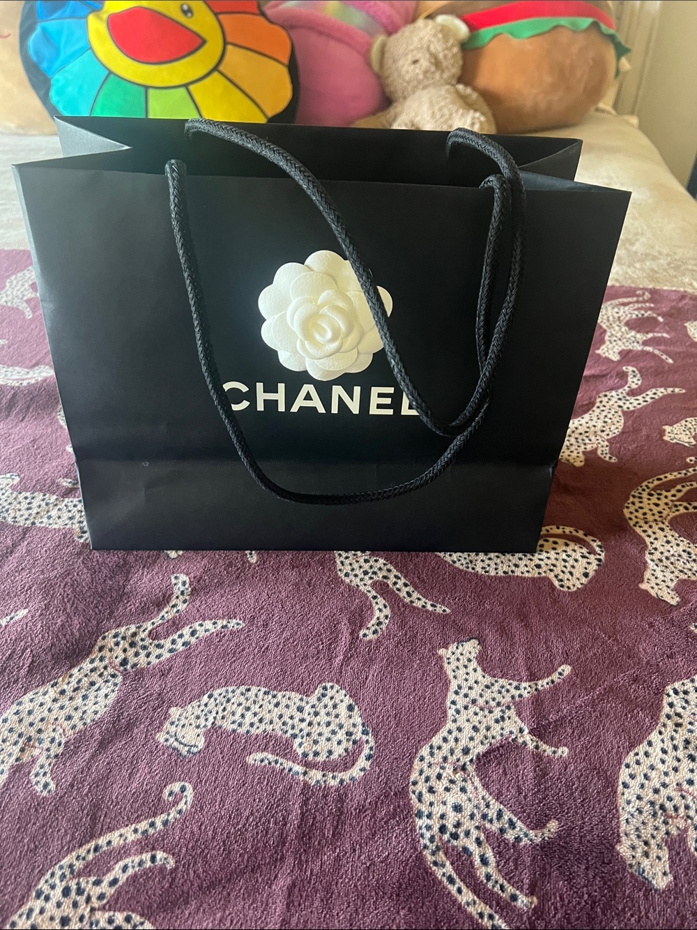 CHANEL Black Shopping Bag with White Camellia Logo